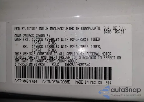 2021 Toyota Tacoma Sr из США, поврежденный, VIN 3TYRX5GN3MT017920